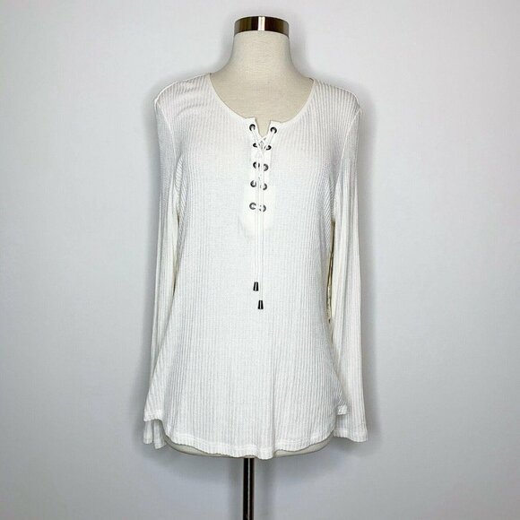 Tribal Jeans Top Women Large White Rib Knit Lace Up Chest Long Sleeve NWT - Picture 1 of 9
